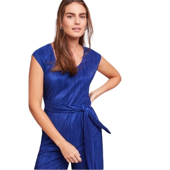 Maeve Anthropologie Sonata Cropped Wide Leg Pleated Jumpsuit Attached Belt Royal - Picture 1 of 8